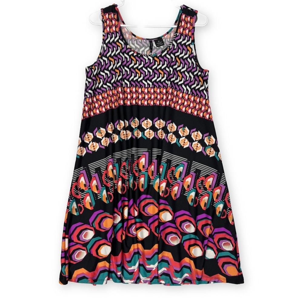 New Directions Womens Geometric Print Sleeveless Swing Dress Black Multi Medium